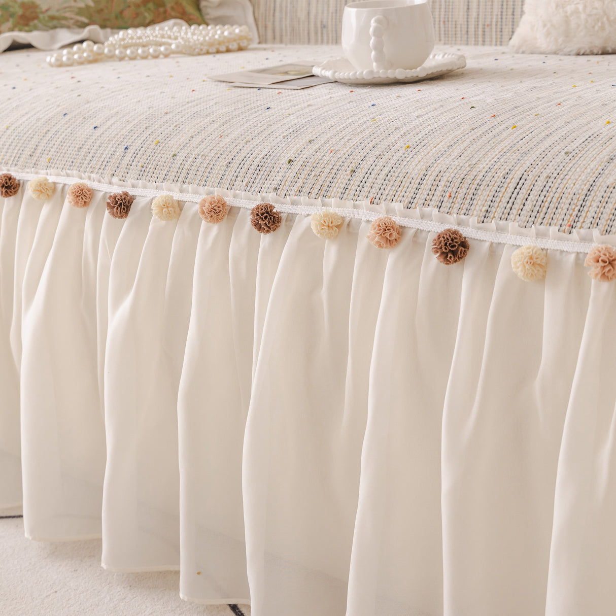 Boho Couch Cover with Knitted Stripes, Chiffon Skirt & Pom Fringe, Pet-Friendly Throw