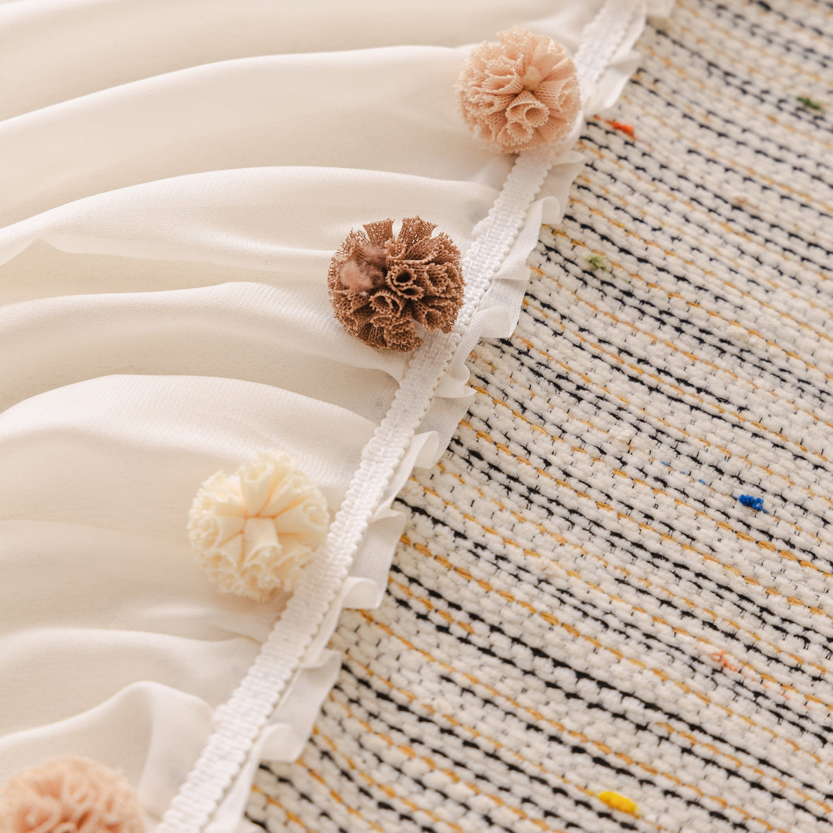 Boho Couch Cover with Knitted Stripes, Chiffon Skirt & Pom Fringe, Pet-Friendly Throw