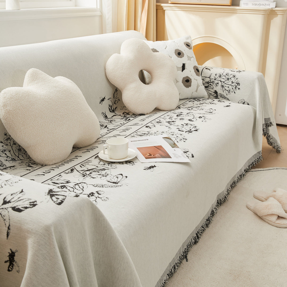 Chenille Butterfly Sofa Cover Blanket, L Shaped Couch Cover, Reversible Couch Protector