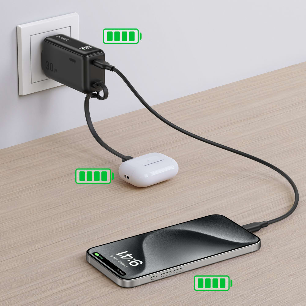 Anker Power Bank 5,000 mAh 22.5W with Built in USB C Cable and Fusion Wall Charger 30W by Anker