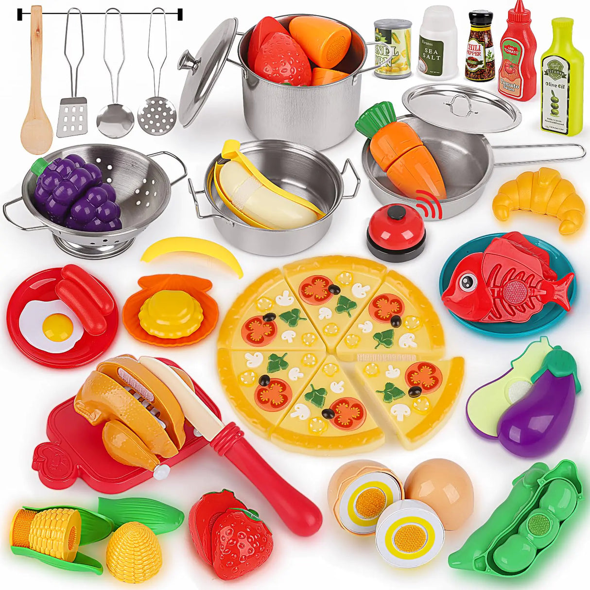 Pretend Play Kitchen Accessories- 64pcs Stainless Steel Play Pots Pans with Cutting Toy Food Toy Cookware Cooking Utensils Pretend Food Toy Pizza Toy Kids Kitchen Playset for Toddler Boys Girl