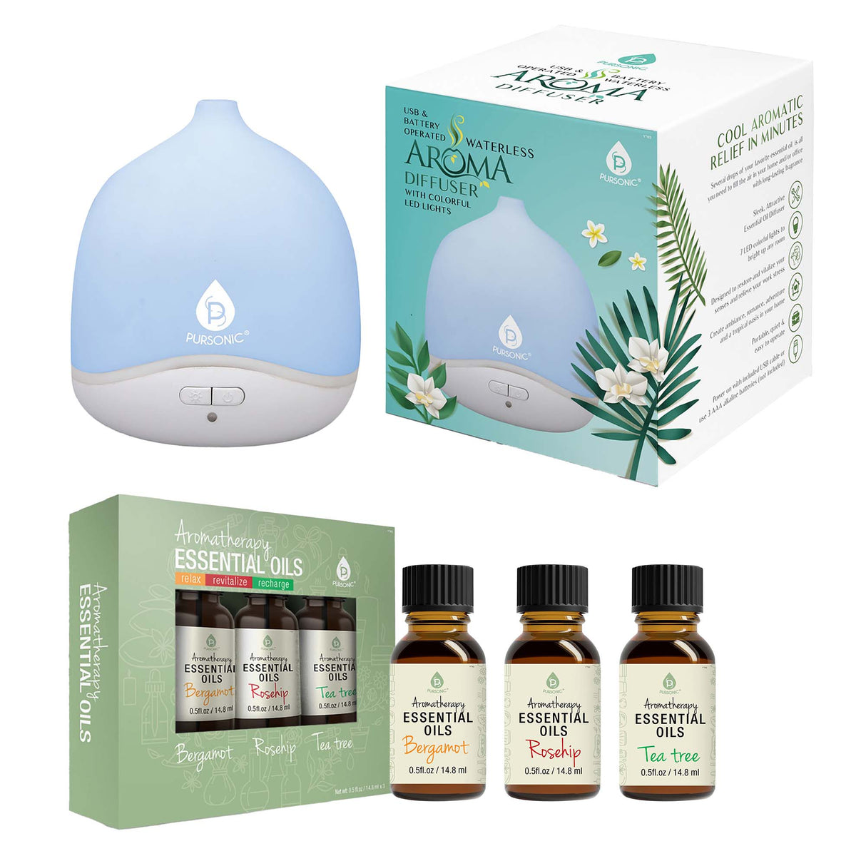 USB & Battery Operated Waterless Aroma Diffuser + Aromatherapy Essential Oils by Pursonic