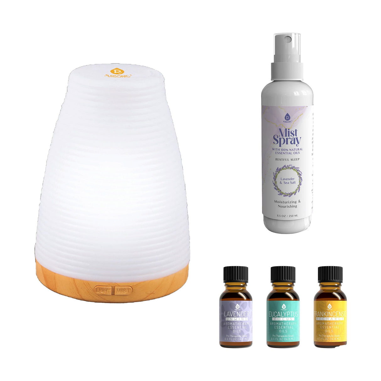 Pursonic Aromatherapy Essentials Bundle with USB Diffuser, 3-Pack Oils, and Lavender Mist Spray by Pursonic
