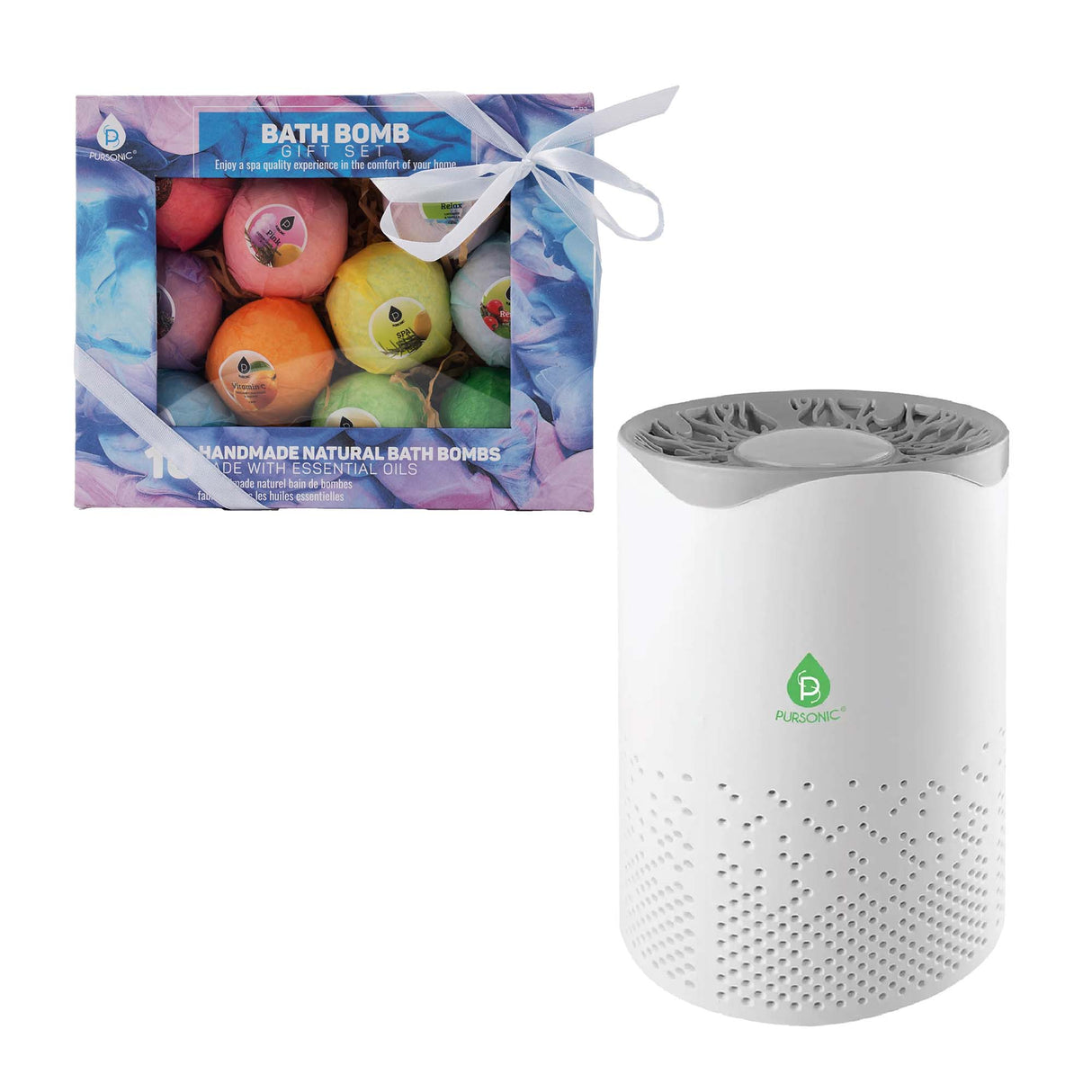 Pursonic Clean Air & Relaxation Bundle – Includes USB Powered True HEPA Air Purifier + 10 Handmade Organic Bath Bombs by Pursonic
