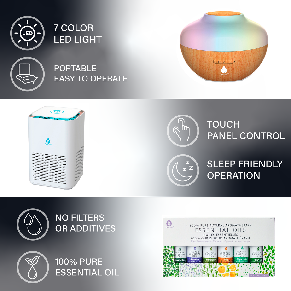 Pursonic Ultimate Wellness Bundle: Air Purifier, Diffuser & Essential Oils Set
