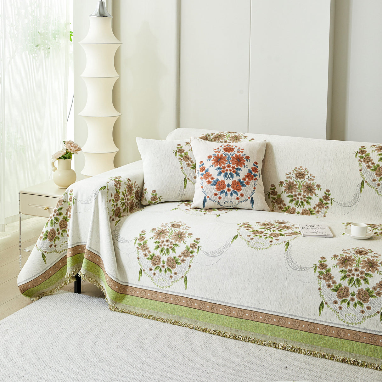 Charming French Country Floral Basket Sofa Throw Cover Rustic Farmhouse-Style Couch Cover Blankets