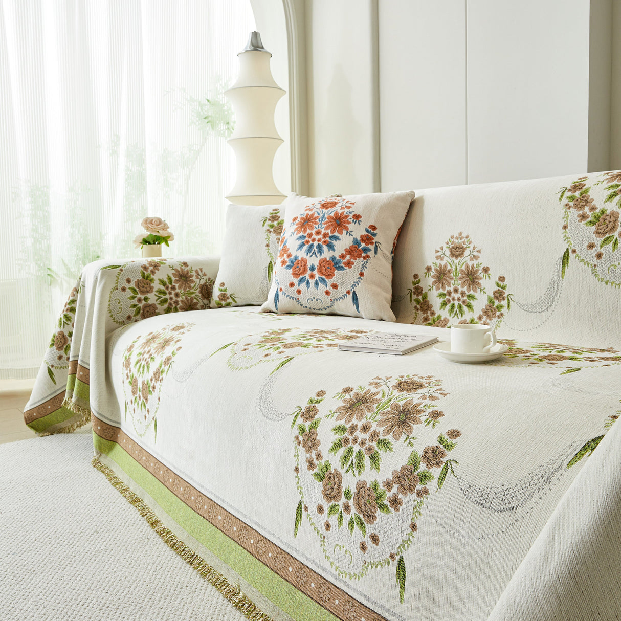 Charming French Country Floral Basket Sofa Throw Cover Rustic Farmhouse-Style Couch Cover Blankets