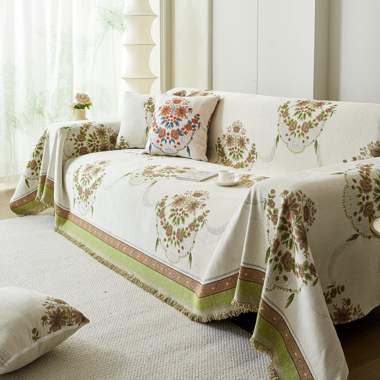 Charming French Country Floral Basket Sofa Throw Cover Rustic Farmhouse-Style Couch Cover Blankets