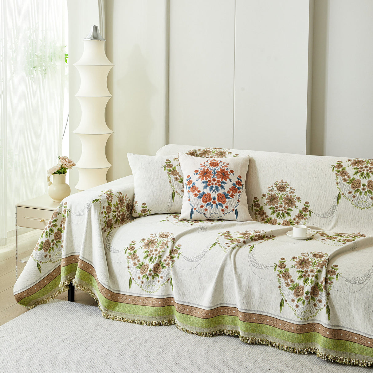 Charming French Country Floral Basket Sofa Throw Cover Rustic Farmhouse-Style Couch Cover Blankets