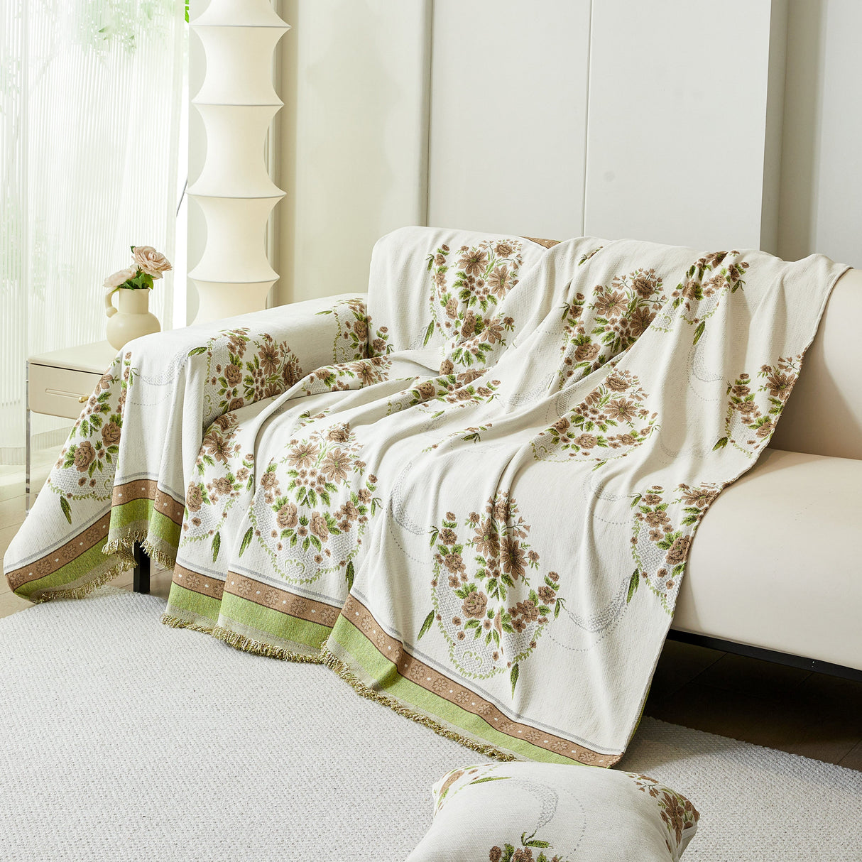 Charming French Country Floral Basket Sofa Throw Cover Rustic Farmhouse-Style Couch Cover Blankets