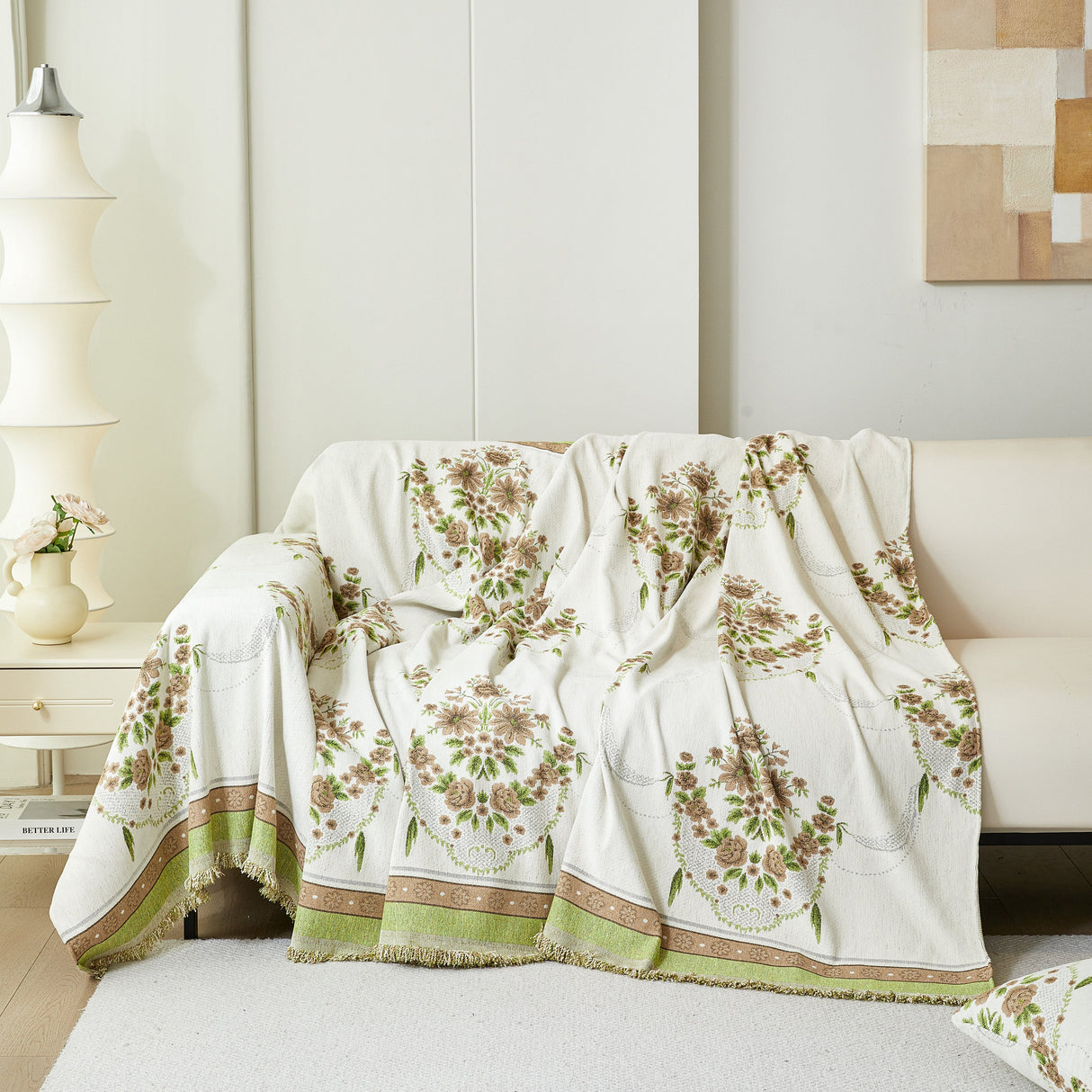 Charming French Country Floral Basket Sofa Throw Cover Rustic Farmhouse-Style Couch Cover Blankets