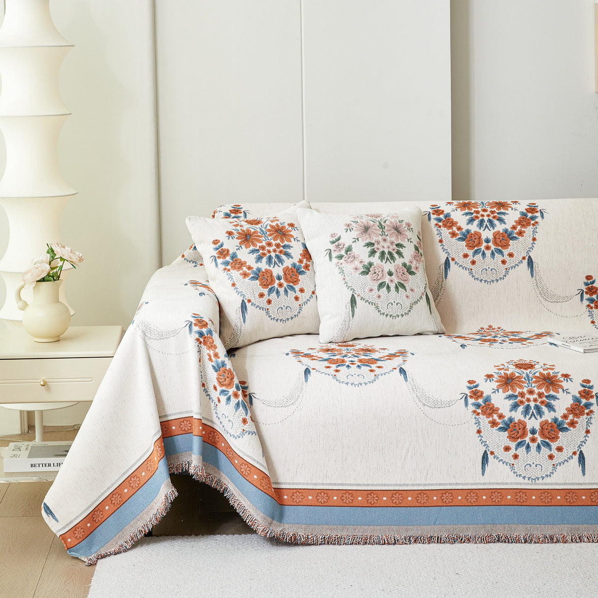 Charming French Country Floral Basket Sofa Throw Cover Rustic Farmhouse-Style Couch Cover Blankets