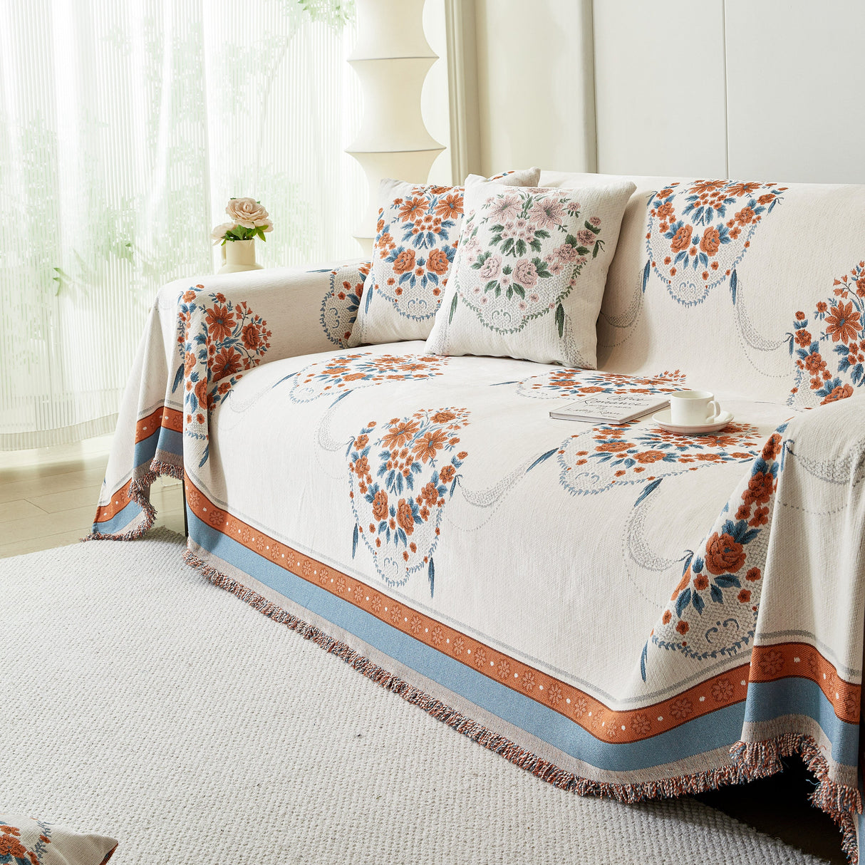 Charming French Country Floral Basket Sofa Throw Cover Rustic Farmhouse-Style Couch Cover Blankets