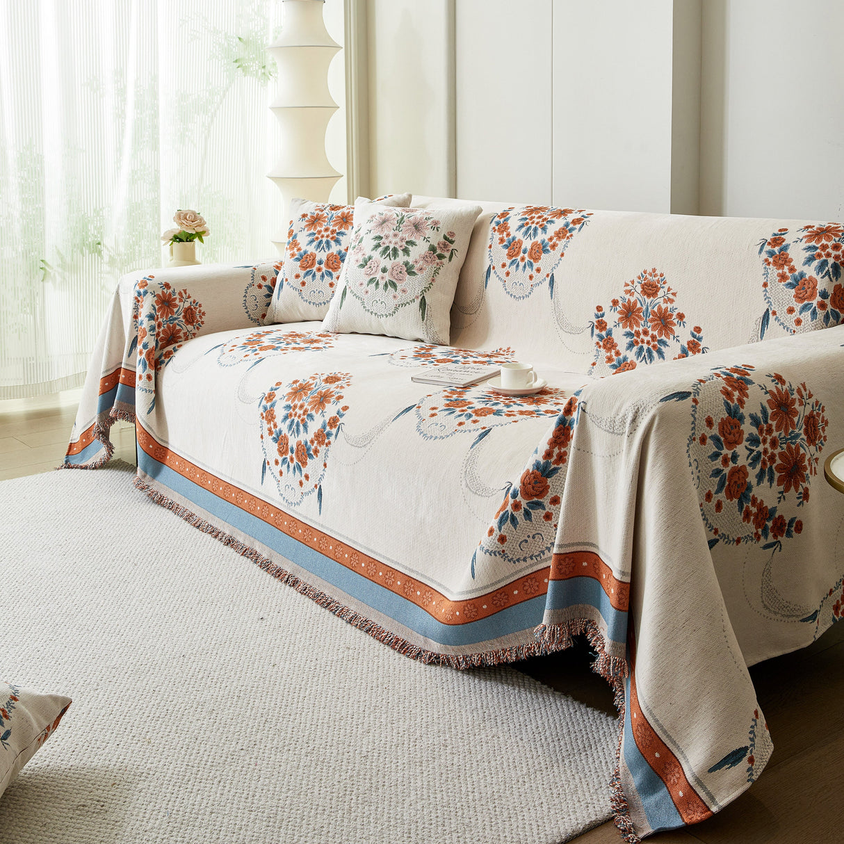 Charming French Country Floral Basket Sofa Throw Cover Rustic Farmhouse-Style Couch Cover Blankets