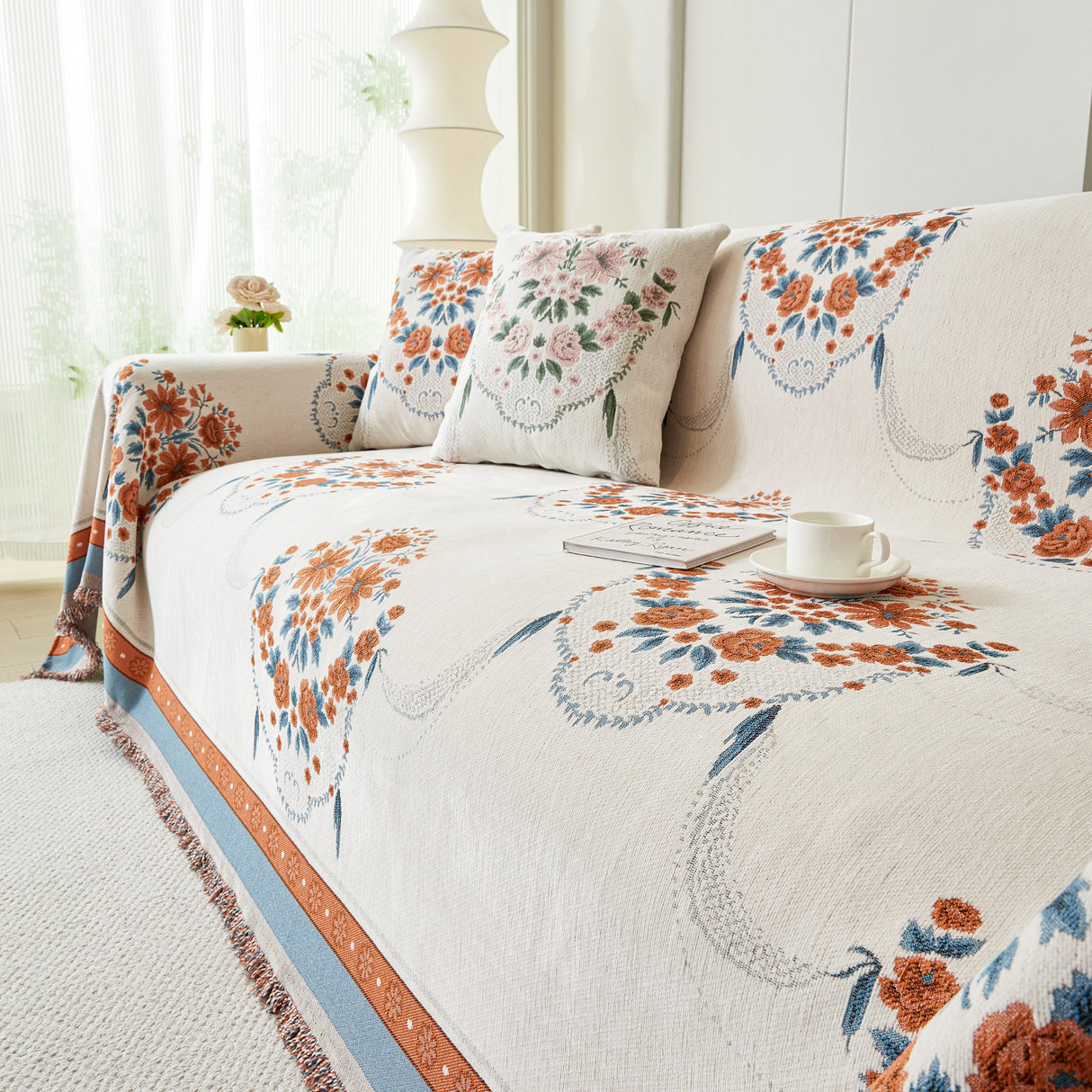 Charming French Country Floral Basket Sofa Throw Cover Rustic Farmhouse-Style Couch Cover Blankets