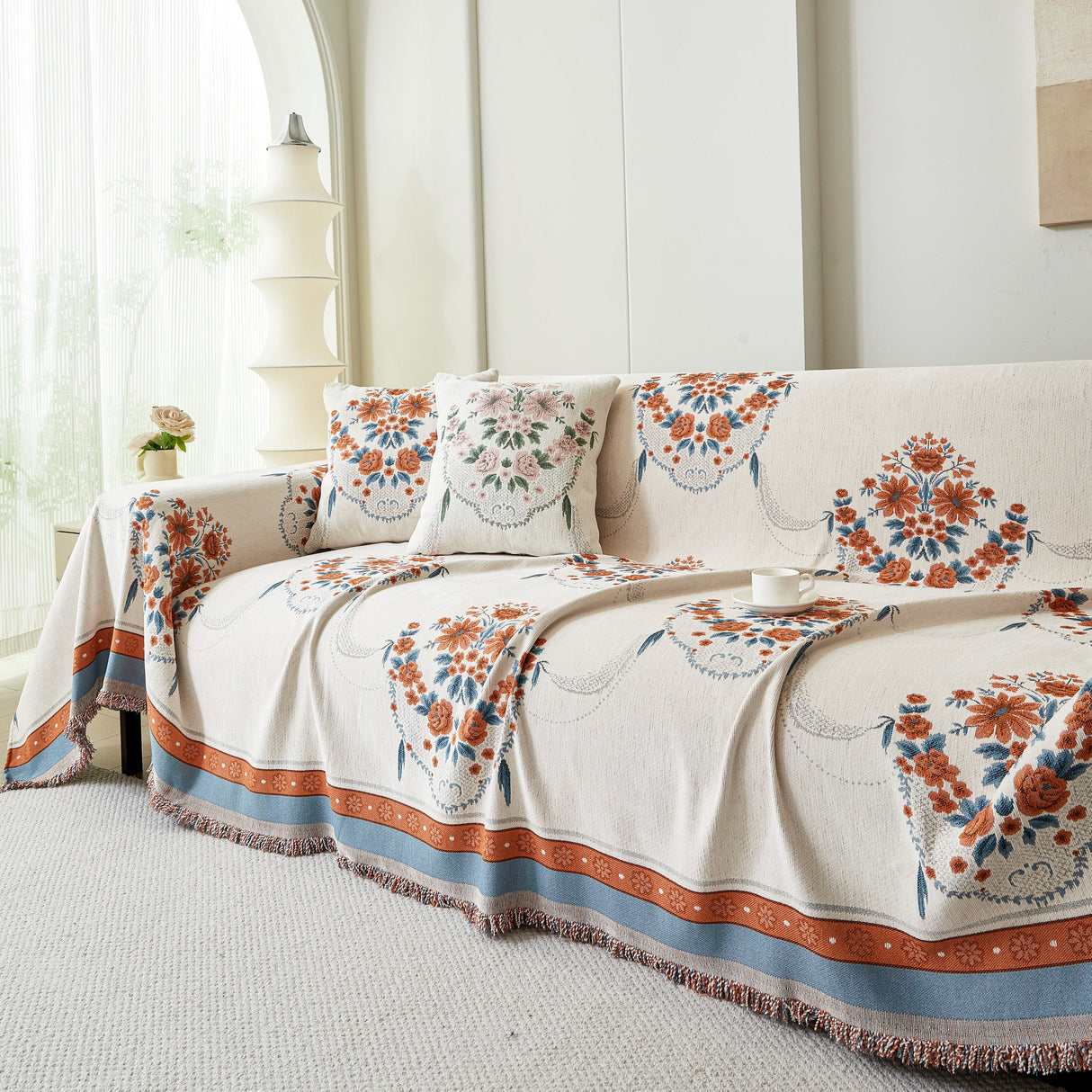 Charming French Country Floral Basket Sofa Throw Cover Rustic Farmhouse-Style Couch Cover Blankets