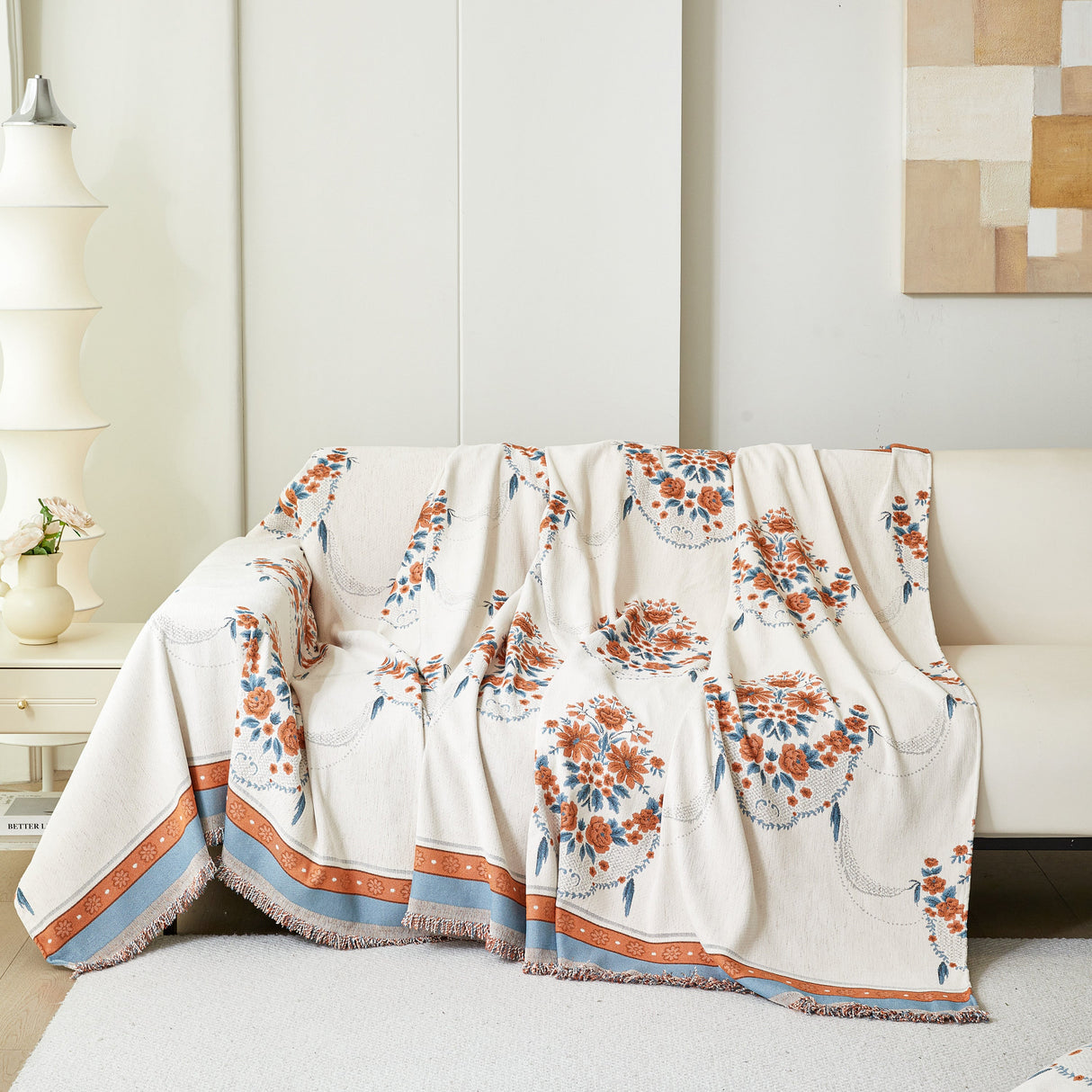 Charming French Country Floral Basket Sofa Throw Cover Rustic Farmhouse-Style Couch Cover Blankets