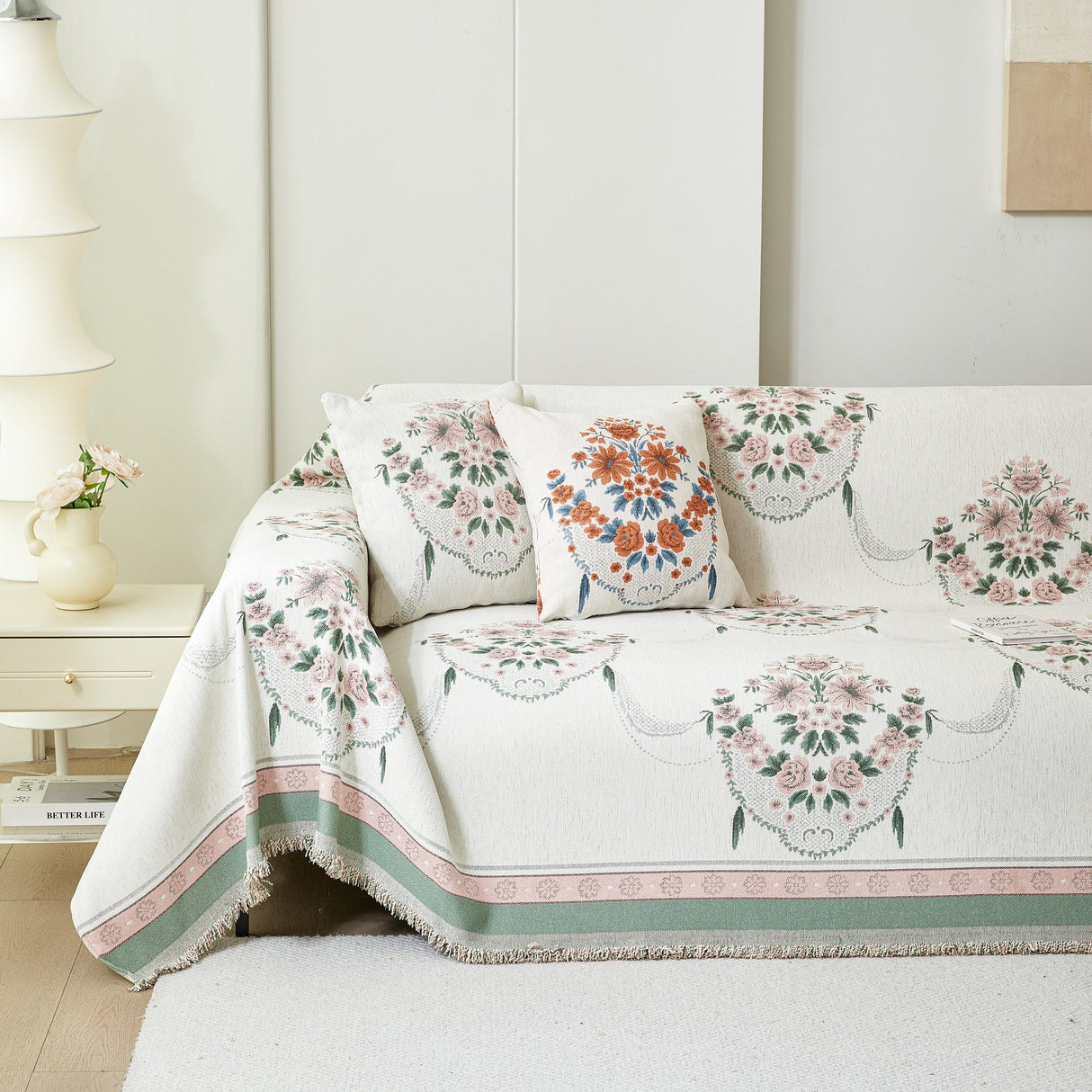 Charming French Country Floral Basket Sofa Throw Cover Rustic Farmhouse-Style Couch Cover Blankets