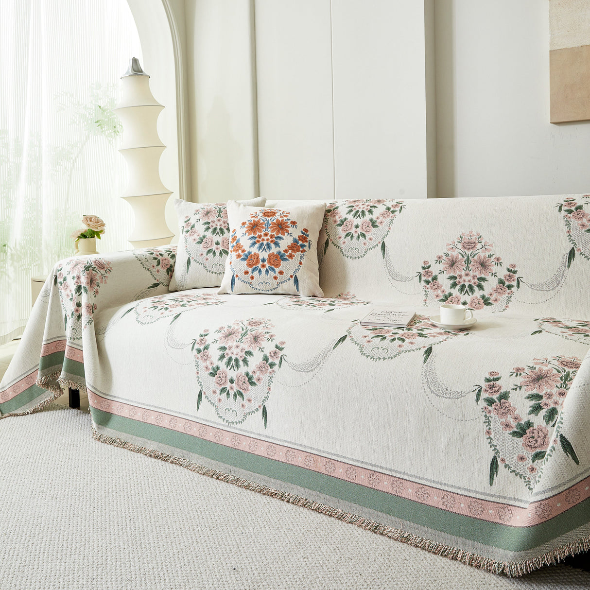 Charming French Country Floral Basket Sofa Throw Cover Rustic Farmhouse-Style Couch Cover Blankets