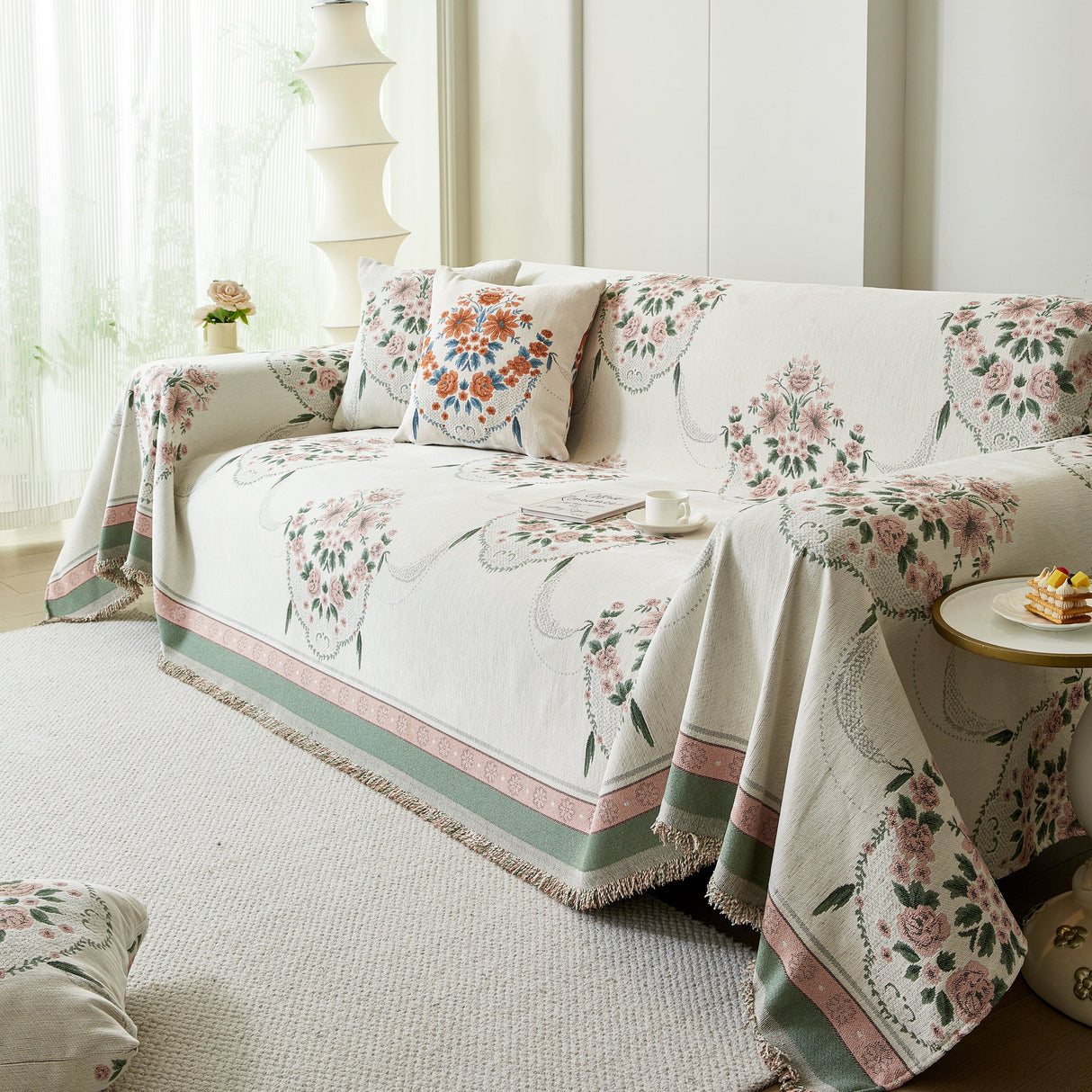 Charming French Country Floral Basket Sofa Throw Cover Rustic Farmhouse-Style Couch Cover Blankets