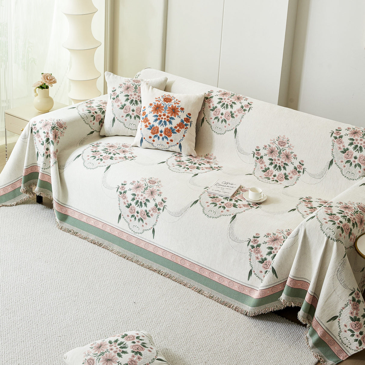 Charming French Country Floral Basket Sofa Throw Cover Rustic Farmhouse-Style Couch Cover Blankets