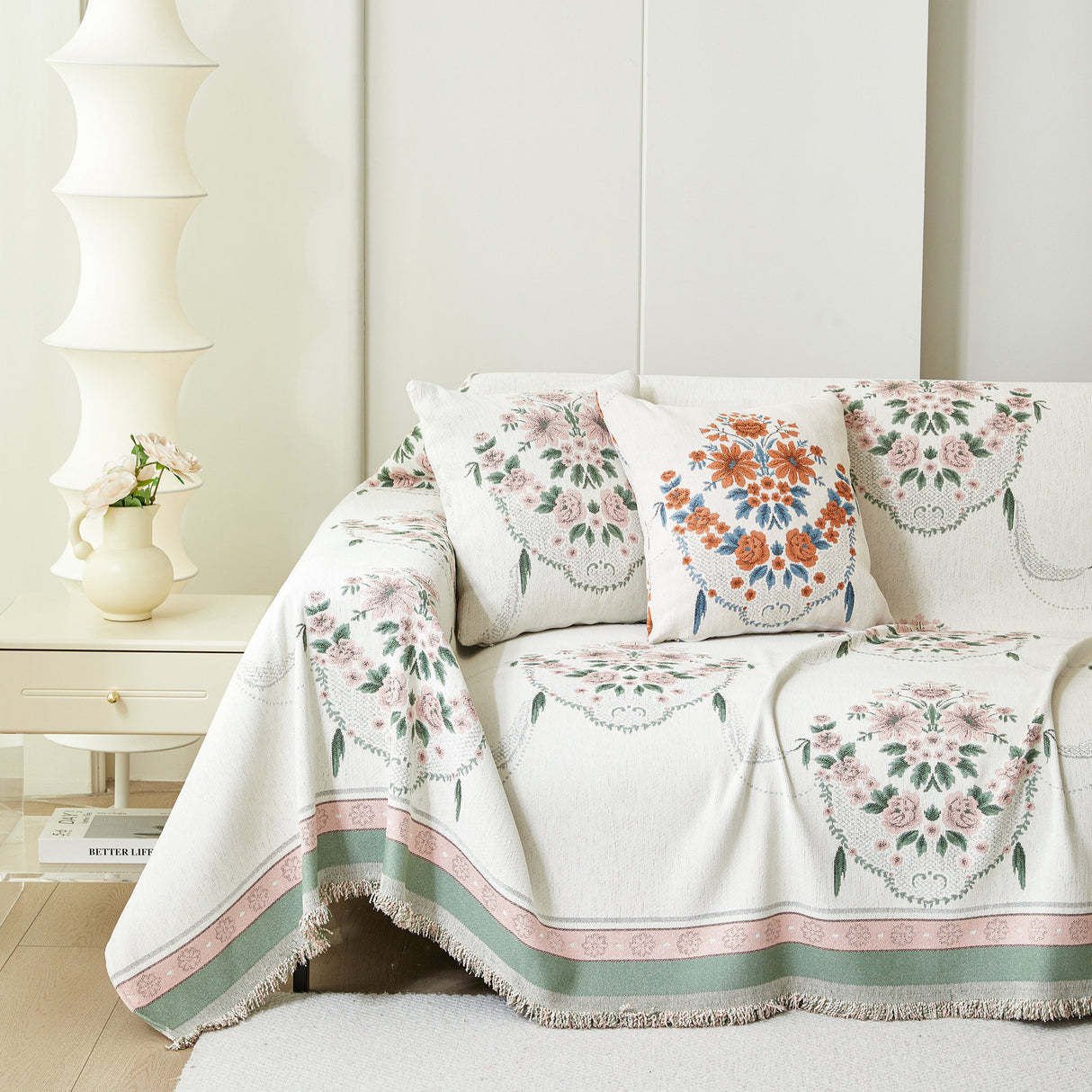 Charming French Country Floral Basket Sofa Throw Cover Rustic Farmhouse-Style Couch Cover Blankets