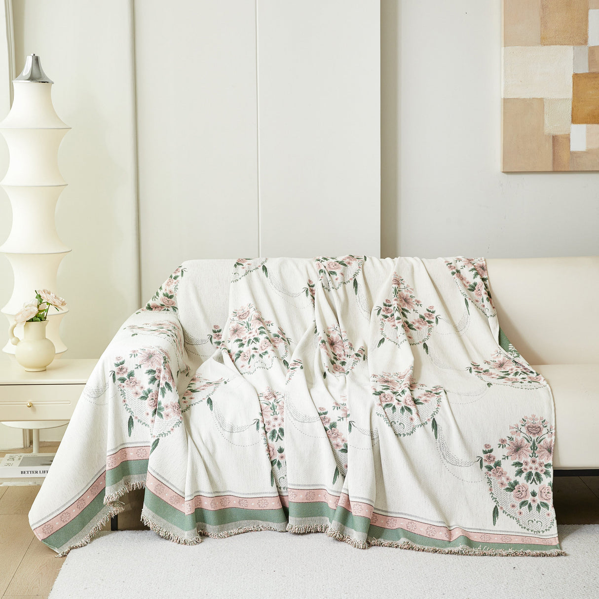 Charming French Country Floral Basket Sofa Throw Cover Rustic Farmhouse-Style Couch Cover Blankets