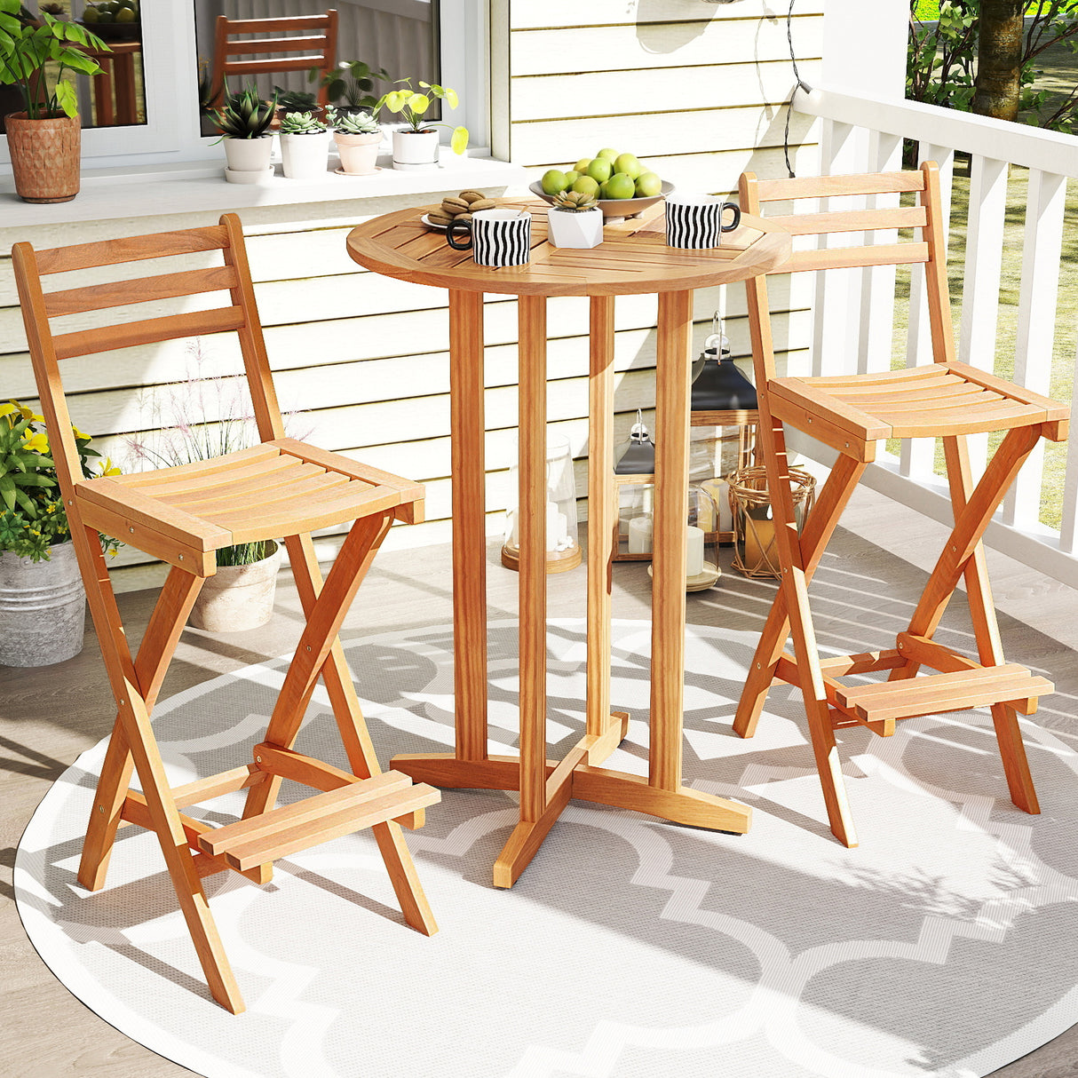 Acacia Wood Bar Height Chair with Backrest and Footrest for Backyard-Set of 4