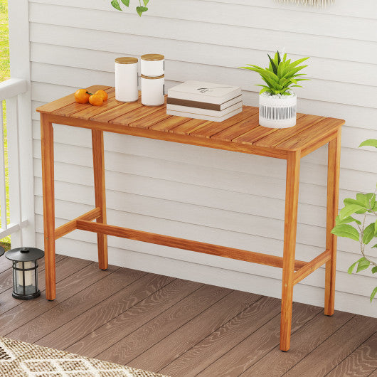 Acacia Wood Counter Height Table with Slatted Tabletop and Footrest Crossbar