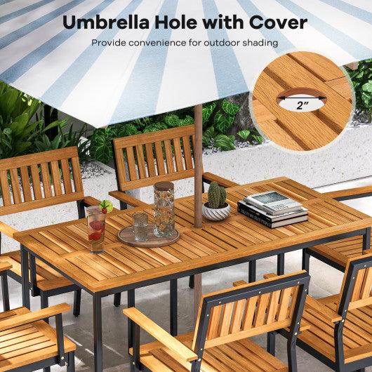 Acacia Wood Dining Table for 6 People with Slatted Tabletop and Umbrella Hole