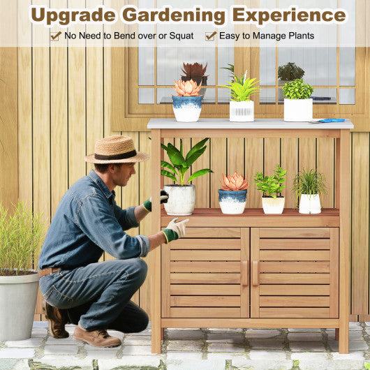 Outdoor Potting Bench Acacia Wood Garden Potting Table Planting Work Bench Station with Louvered Doors