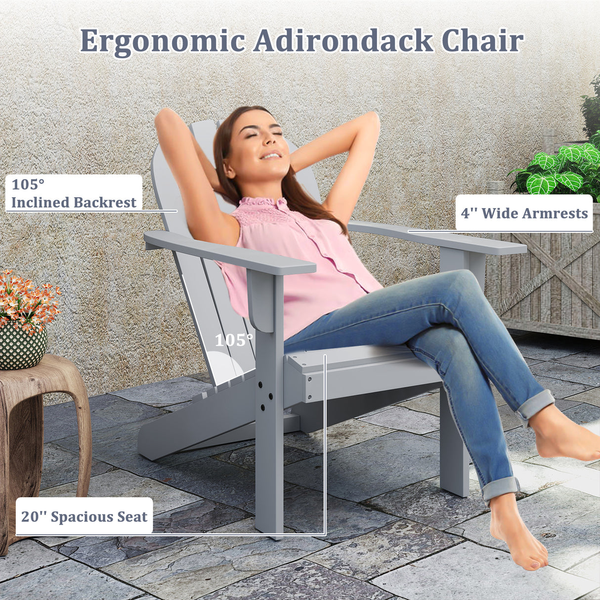 Acacia Wood Lounge Patio Adirondack Chair with Inclined Seat-Gray