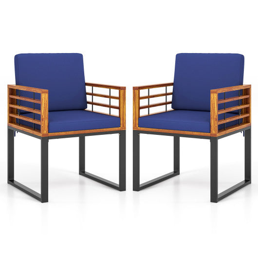 Acacia Wood Outdoor Dining Chairs Set of 2 with Soft Cushions-Navy