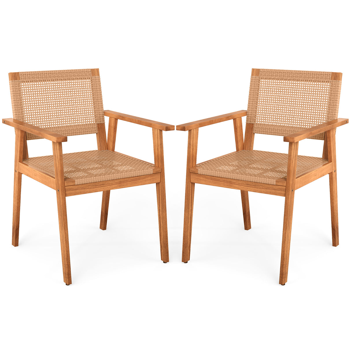 Acacia Wood Outdoor Dining Chairs Set of 2 PE Rattan Patio Chairs with Backrests and Armrests
