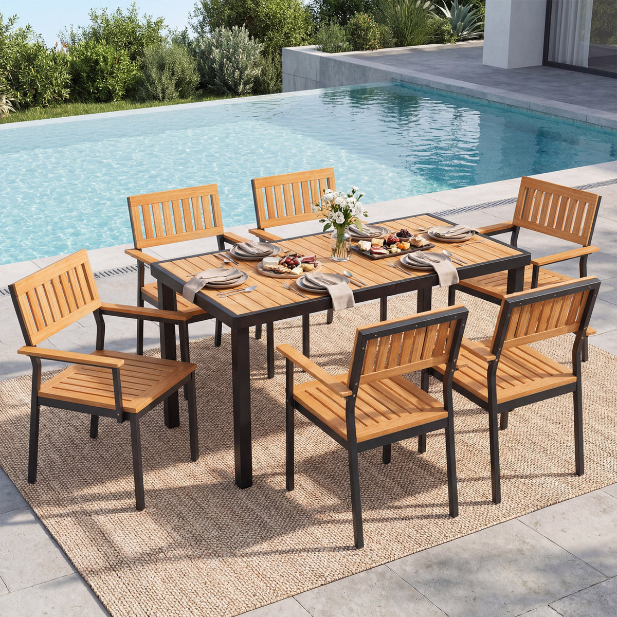 Acacia Wood Outdoor Dining Table with 1.97" Umbrella Hole for 6 People