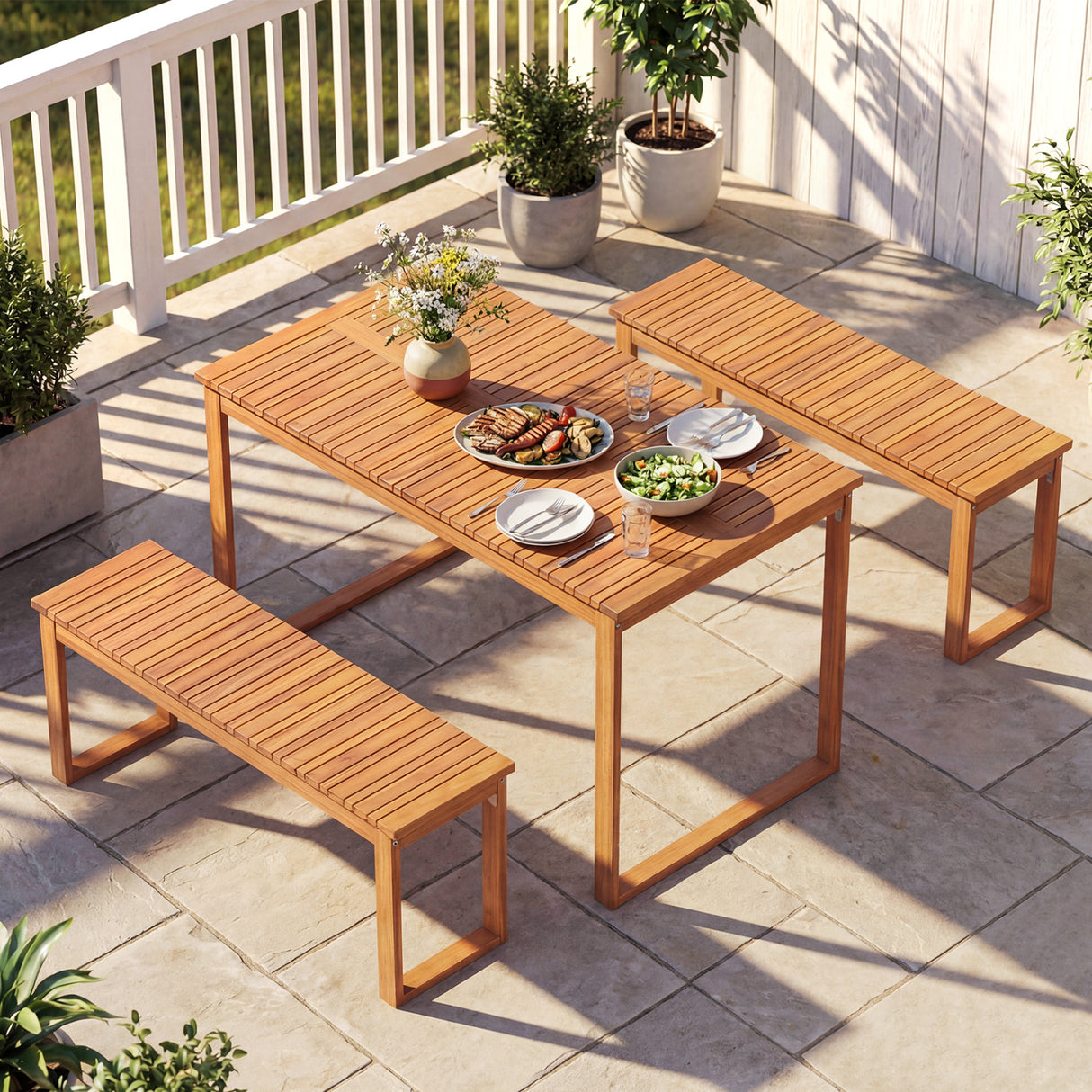Acacia Wood Outdoor Garden Bench Set of 1/2 with Slatted Seat for Front Porch-Set of 2