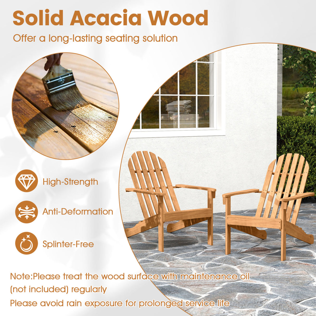Acacia Wood Outdoor Adirondack Chair with Ergonomic Design-Natural