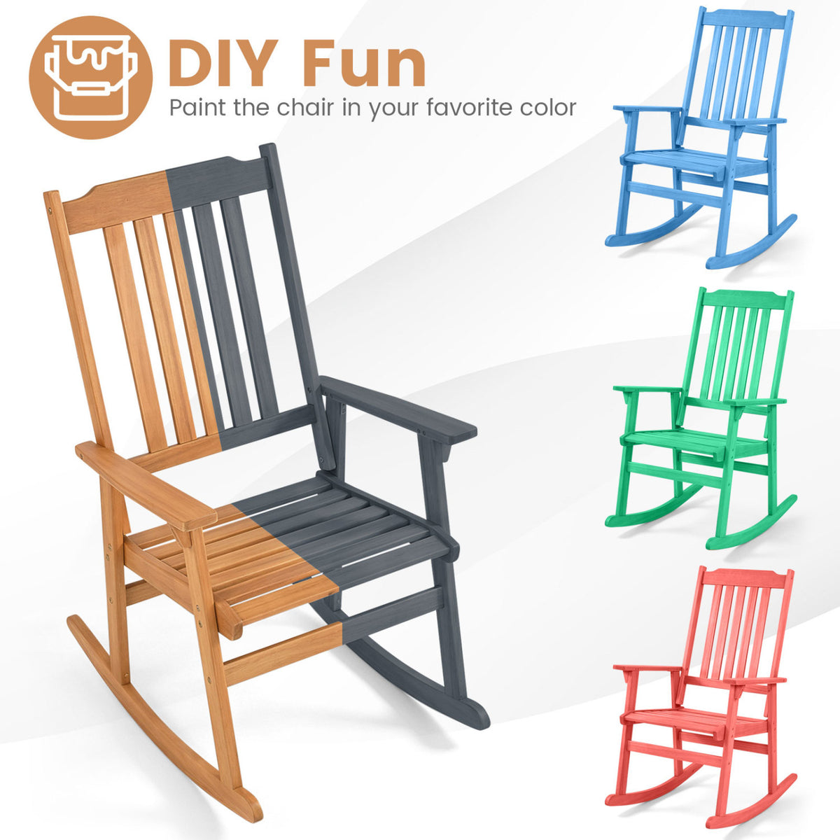 Acacia Wood Oversized Rocking Chair with High Back and Armrests for Outdoor-Natural