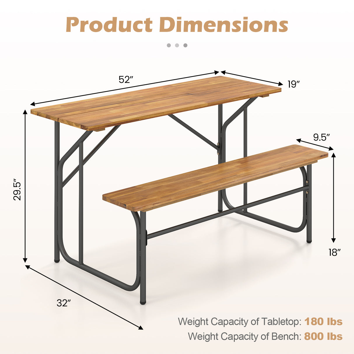 Acacia Wood Patio Table Bench for 2 People One-Side Picnic Table
