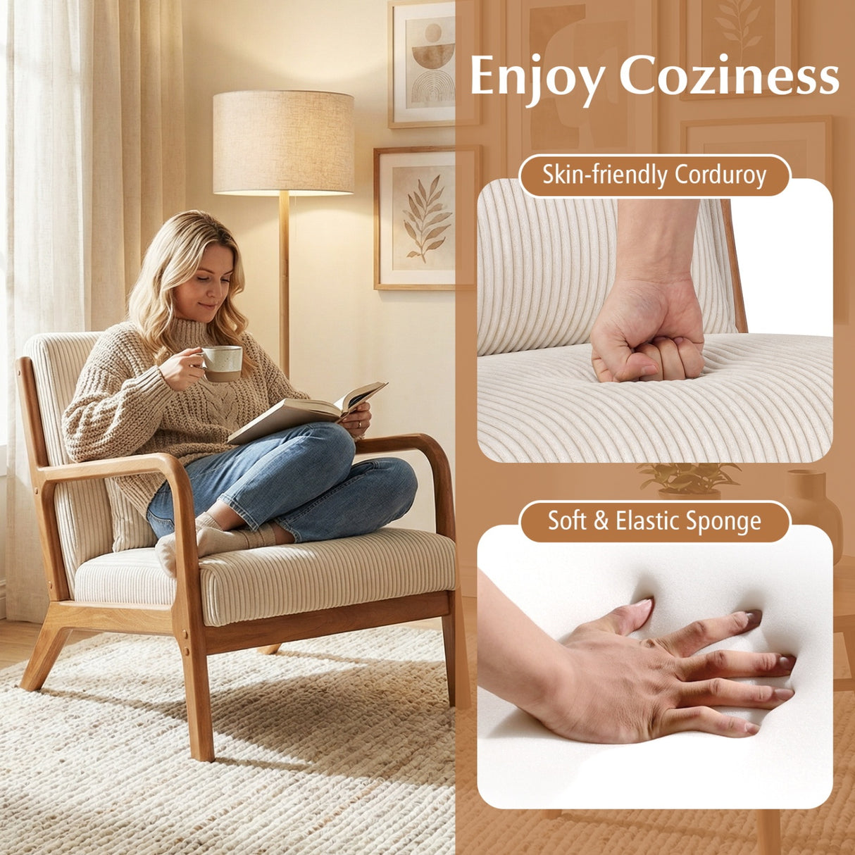 Accent Chair Corduroy Upholstered Lounge Chair with Lumbar Pillow-Beige