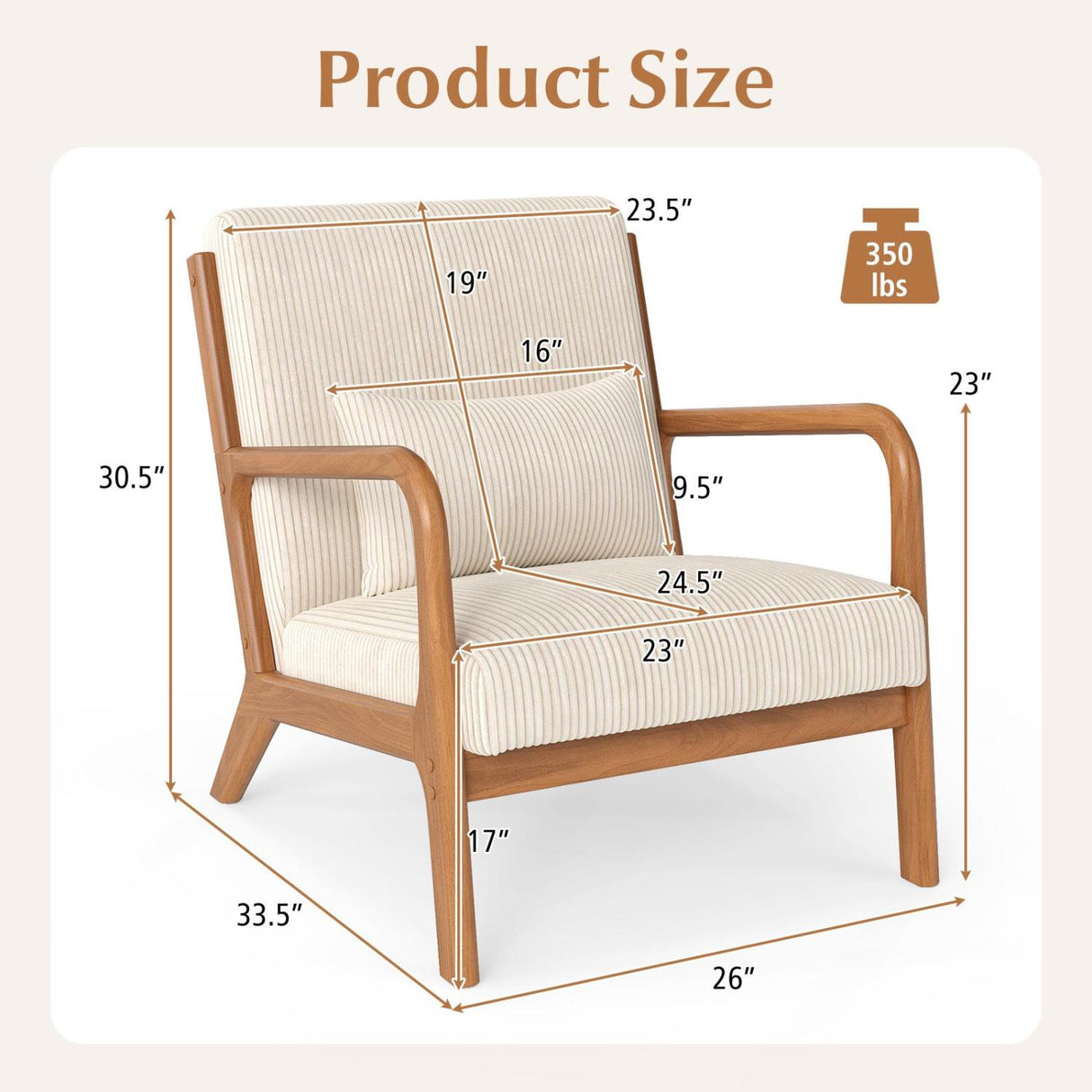 Accent Chair Corduroy Upholstered Lounge Chair with Lumbar Pillow-Beige