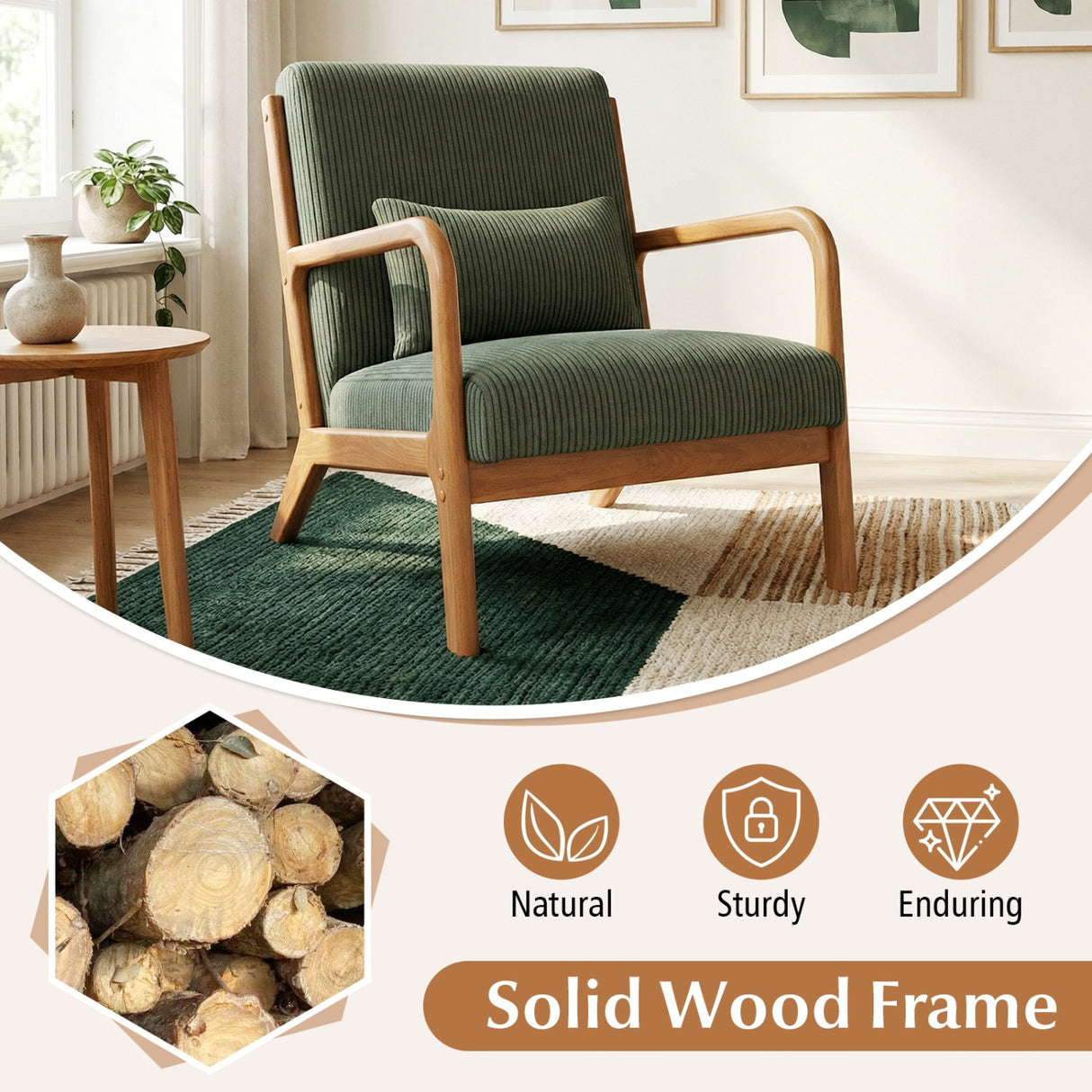 Accent Chair Corduroy Upholstered Lounge Chair with Lumbar Pillow-Green