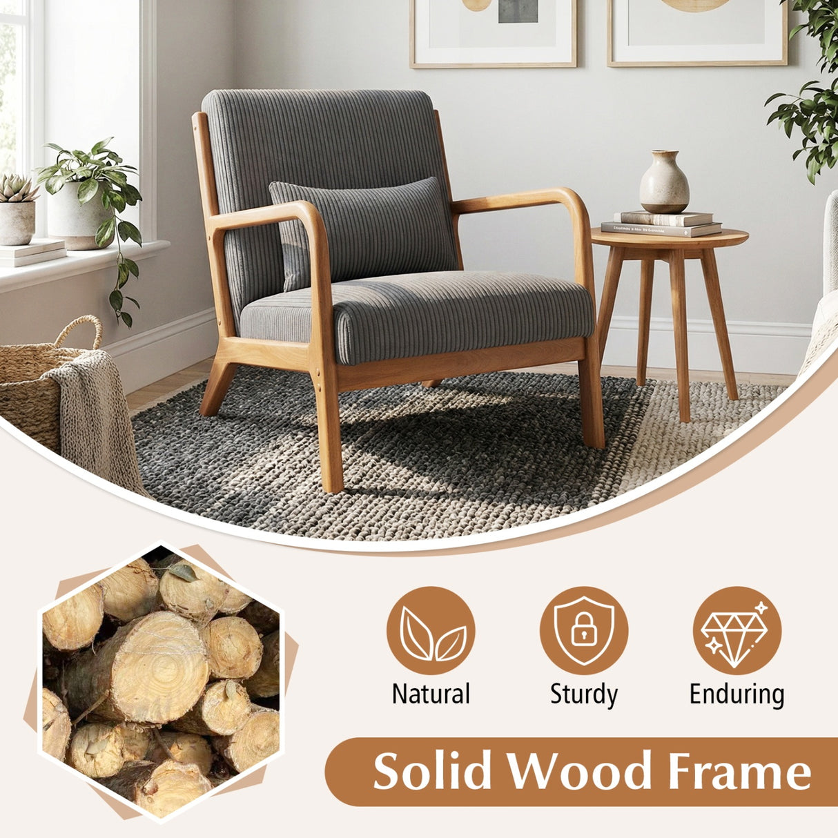 Accent Chair Corduroy Upholstered Lounge Chair with Lumbar Pillow-Gray