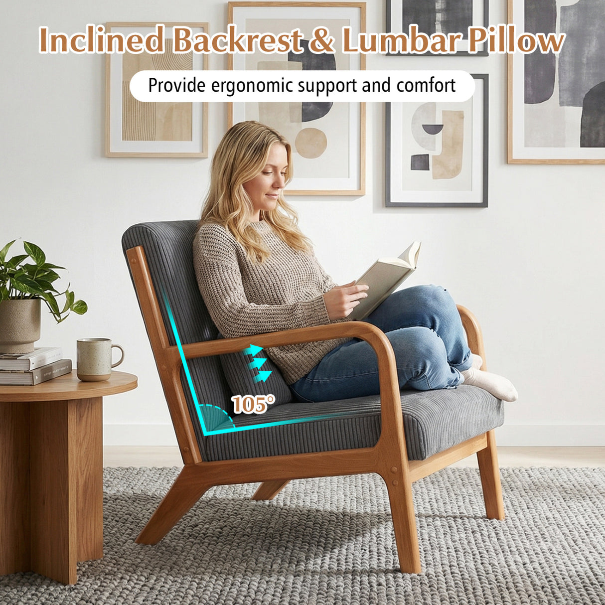 Accent Chair Corduroy Upholstered Lounge Chair with Lumbar Pillow-Gray