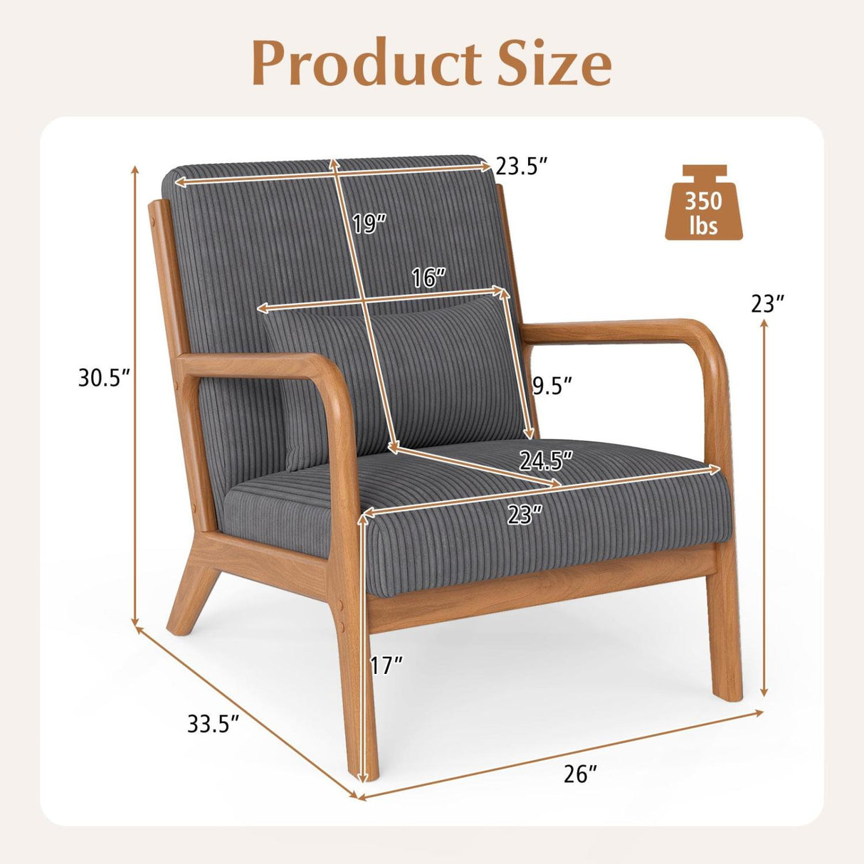 Accent Chair Corduroy Upholstered Lounge Chair with Lumbar Pillow-Gray