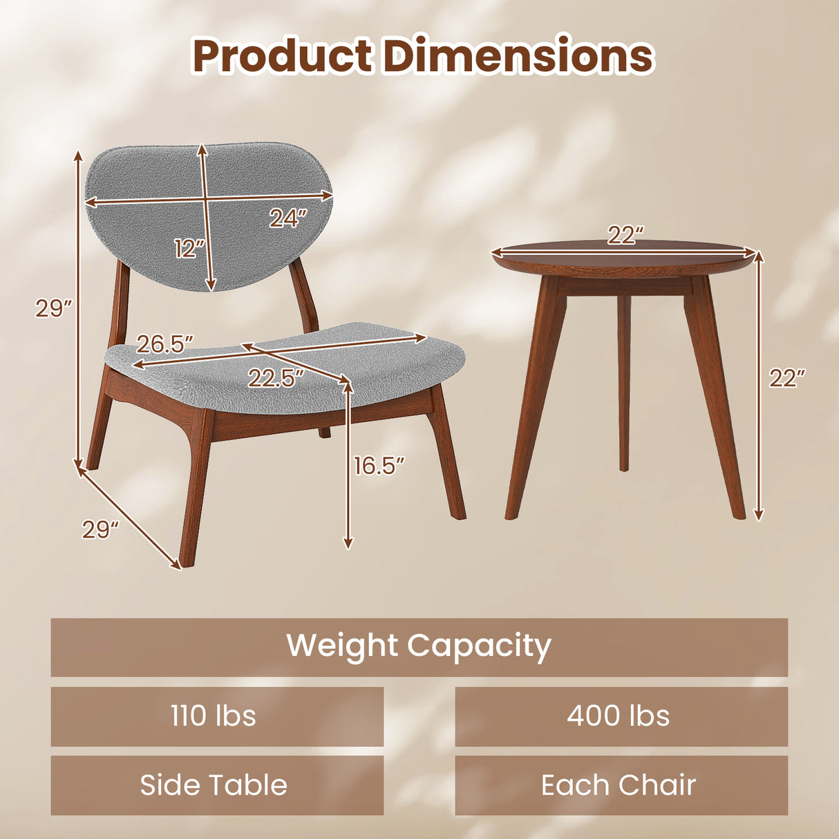 Accent Chairs Set of 2 with Side Table and Solid Wood Frame-Gray