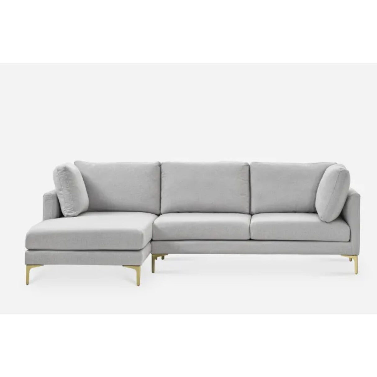 A light gray L-shaped sectional sofa with three back cushions and two side cushions. The sofa features sleek, modern design with gold metal legs, creating an elegant and contemporary look. The orientation is left-facing.