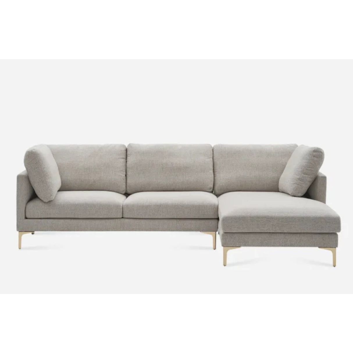 A light gray sectional sofa with a right-hand chaise lounge. The sofa has three cushions on the left side and a single cushion on the chaise. Wooden legs provide support, and the sofa has a minimalist design.