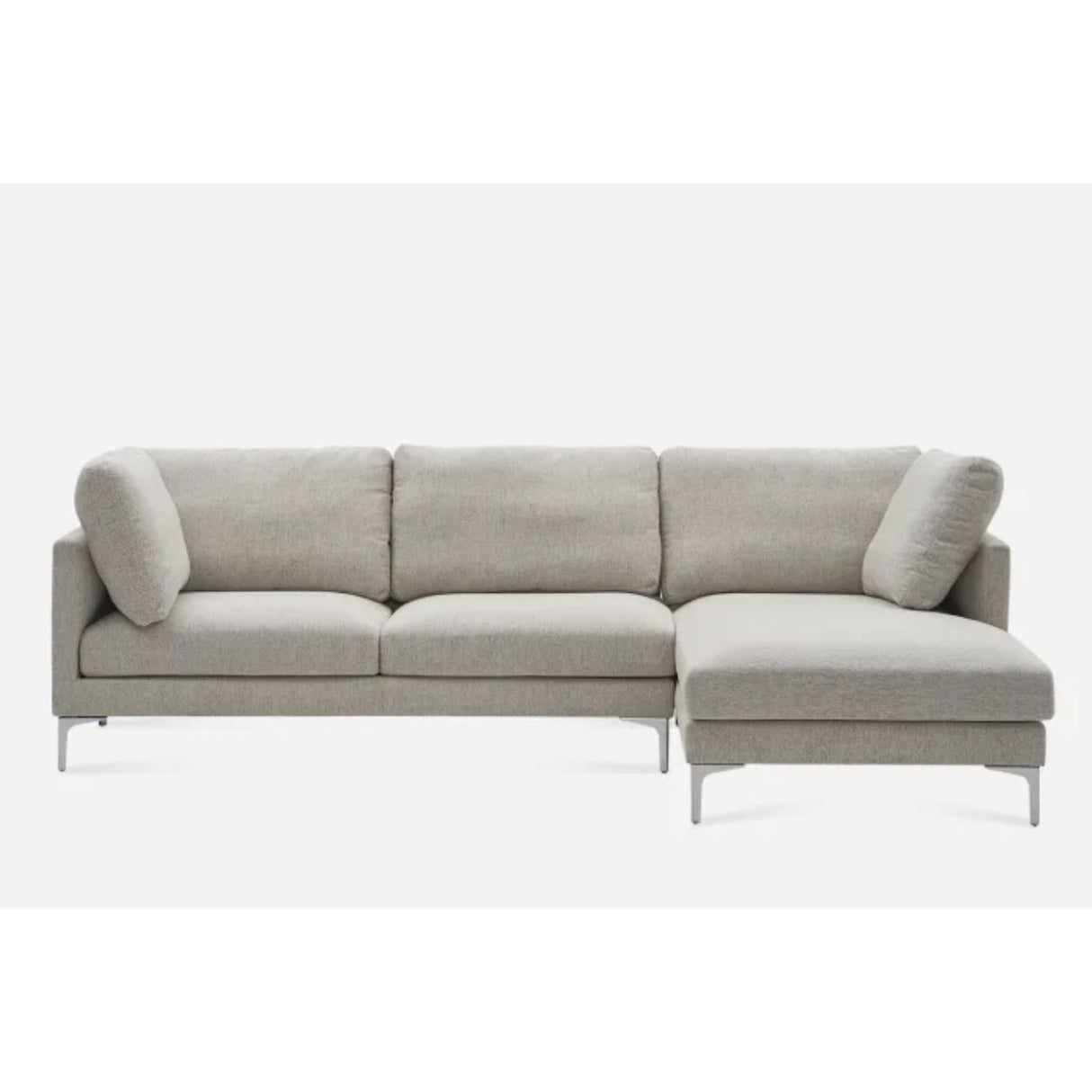 A gray L-shaped sectional sofa with metal legs, featuring three back cushions and a chaise on the right side. The sofa has a modern and minimalist design, set against a plain white background.