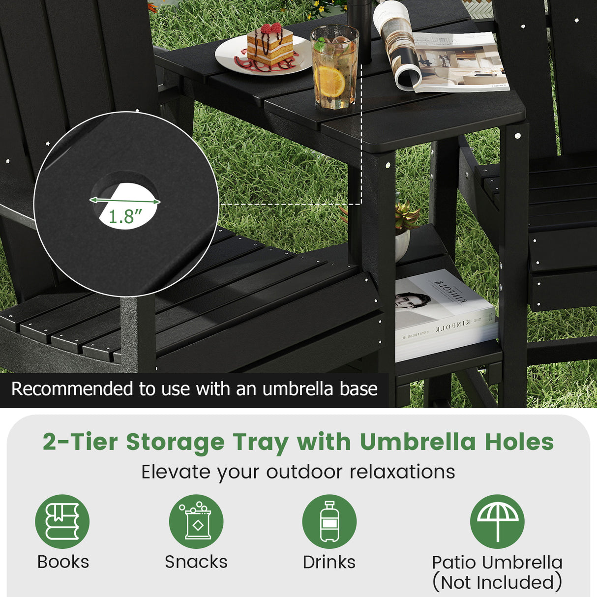 2-Seat Adirondack Chair All-Weather Adirondack Chair with Double Connecting Tray-Black